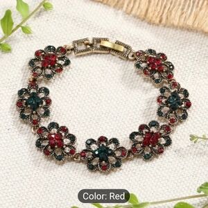 Elegant Floral Gold Bracelet with Red and Green Accents. Vimtage Flowers